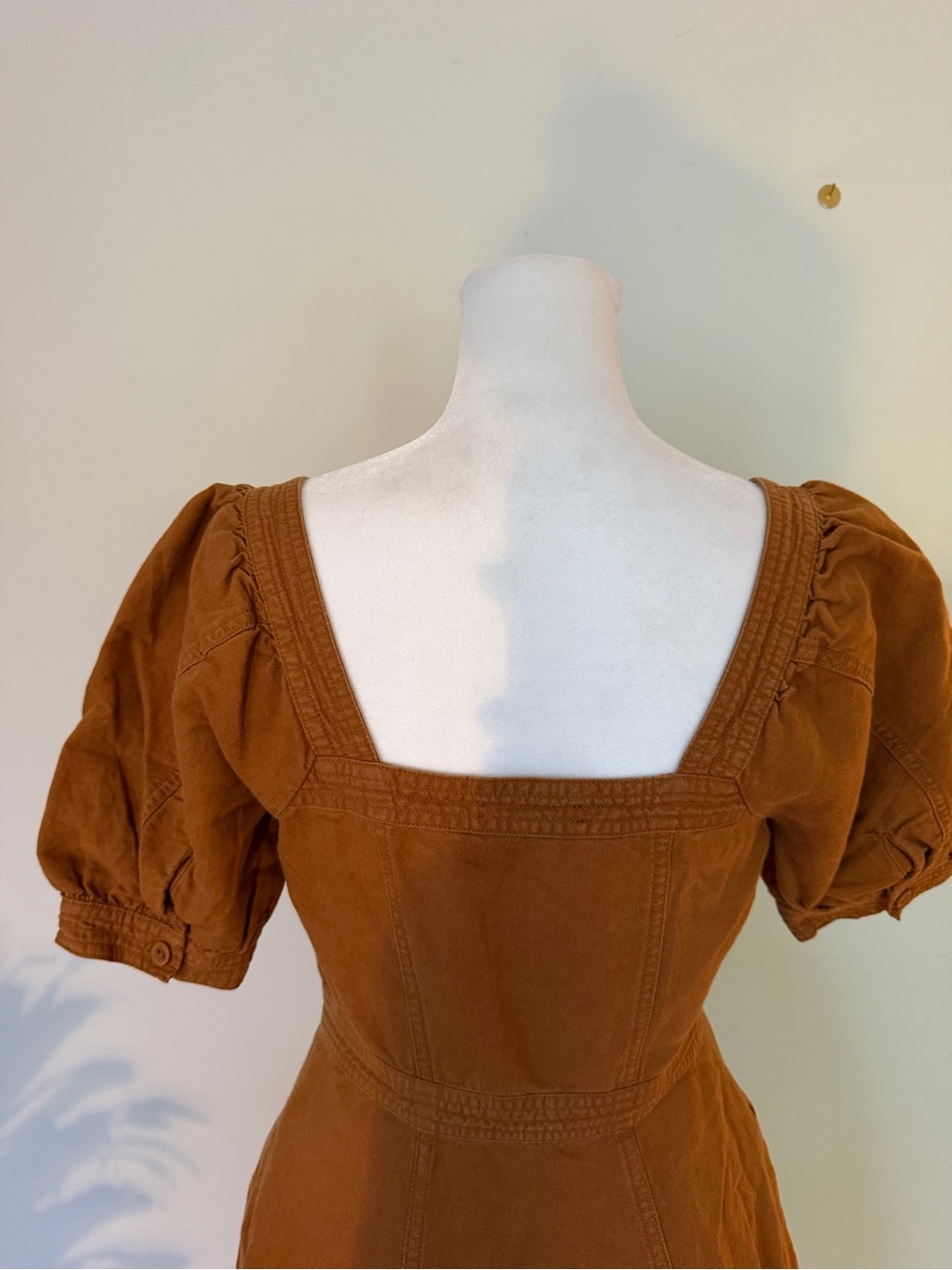 Madewell Seamed Puff-Sleeve Midi Dress Warm Coffee Size 0 Linen Blend - Picture 12 of 15